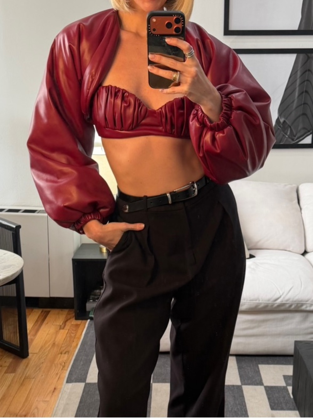Cropped Faux Leather Bolero and Ruched Bralette - Burgundy